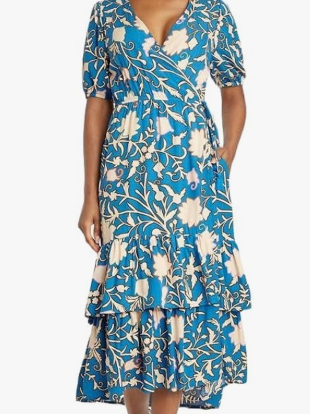 NWT Knox Rose Blue Floral Wrap Midi Dress with Ruffle Hem